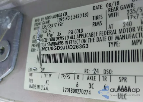 2018 Ford Escape Se из США, поврежденный, VIN 1FMCU0GD9JUD26363